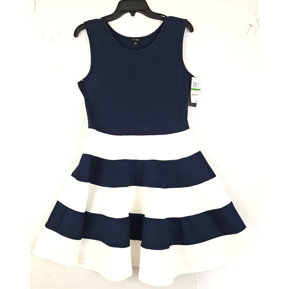 City Studio ~Junior Size L~ Navy/White Fit & Flare Stripe Dress Unlined NWT $59 - Picture 1 of 13